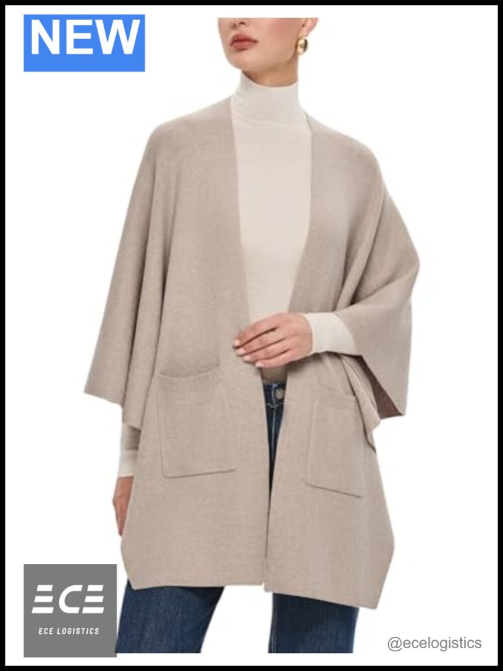 Open Front Knit Shawl Wrap with Pockets Viscose Polyester Blend Fall Winter